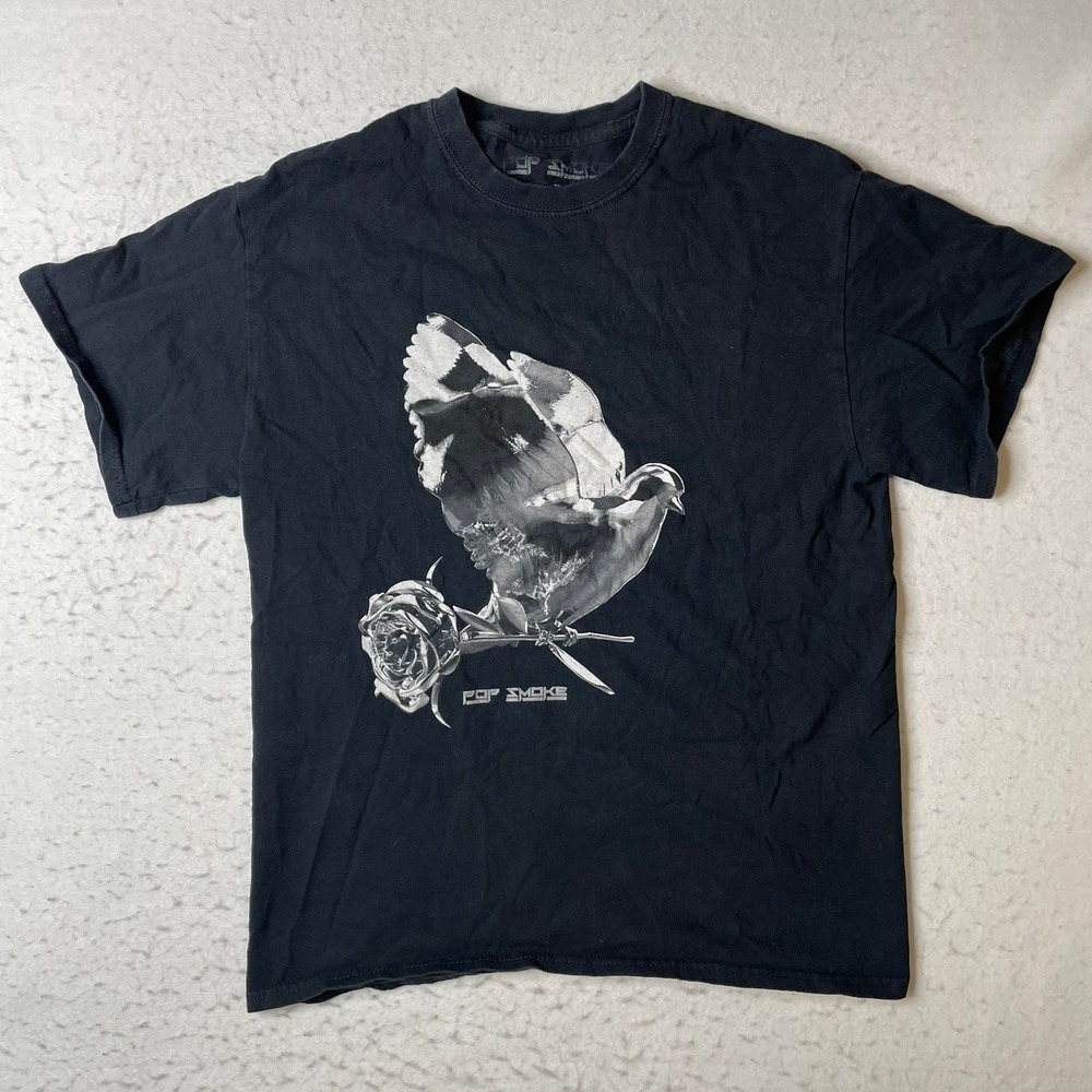 Pop Smoke T-Shirt Mens Medium Black Rose Dove Graphic Tee Hip Hop Rap Merch